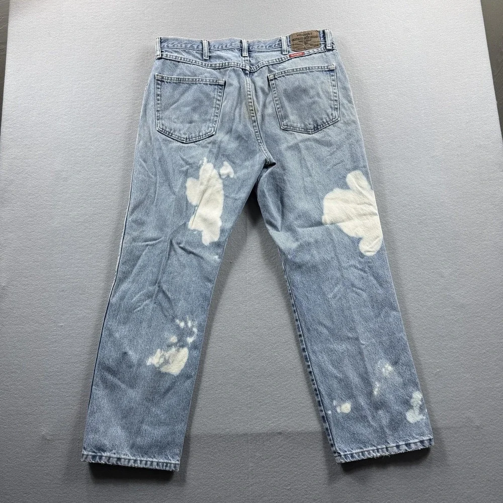 Wrangler Jeans Mens 36x29 (Fit 34x28)Light Wash Blue Straight Bleach Stain Denim